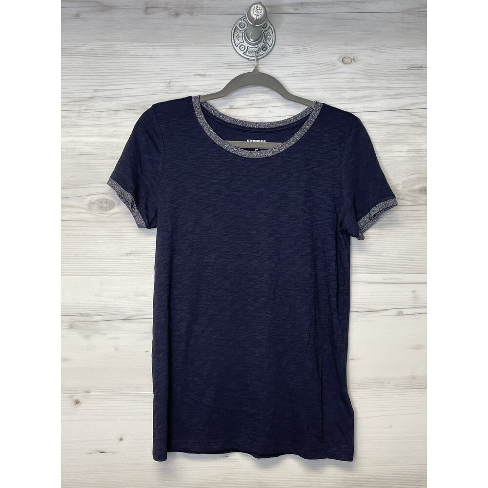 Express Shirt Womens Small Navy Blue Glitter Trim Crewneck‎ Easy Slub Tee Casual